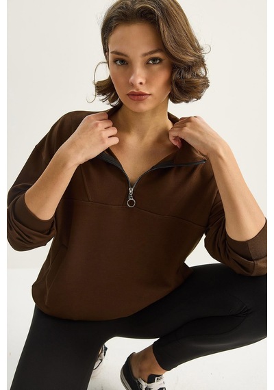Shade Kadın Dik Yaka Yarım Fermuarlı Cep Detaylı Oversize Modal Sweatshirt 60601053 - Acı Kahve Çok Renkli