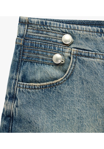 Koton Pamuklu Düğmeli Slim Fit Mini Denim Şort Etek Green Cast 7wal70008md Yeşil