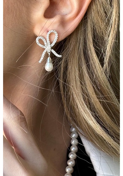 7,5 Mm Fiyonklu Damla Sallantılı Doğal İnci Küpe Kolye İkili Set Gümüş