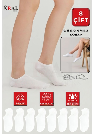 Kral Socks Kadın - Erkek 8 Li - 8 Çift Pamuklu Terletmez Yazlık Görünmez Çorap Seti Beyaz