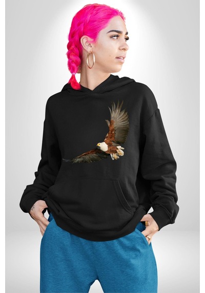Kartal Özgürlük Kadın Erkek Siyah Kapüşonlu Sweatshirt Hoodie Siyah