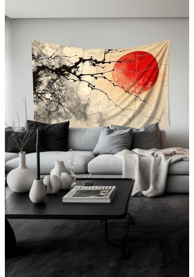 Kırmızı Ay Ve Dallar Desenli Duvar Halısı Duvar Örtüsü Tapestry Süet Dokulu Kumaş
