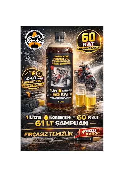 1 Litre Konsantre Fırçasız Oto Ve Motosiklet Şampuanı 60 Kat Sulandırılabilir