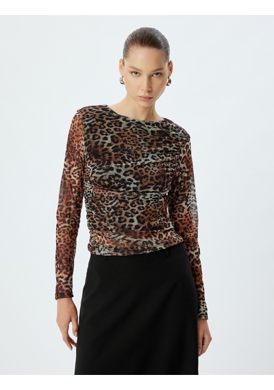 Koton Tül Bluz Leopar Desenli Uzun Kollu Drapeli Slim Fit Siyah Desenli 5wal10587ık Siyah