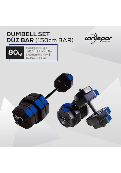 Tan Spor 80 KG Dambıl Halter Kısa Bar + Düz Bar Seti Kırmızı Kapaklı 150 CM