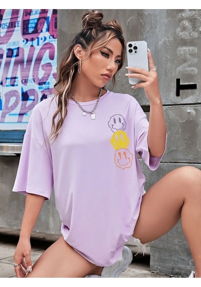 Flood Of Style Kadın Lila Gülen Yüzler Baskılı Oversize Mor