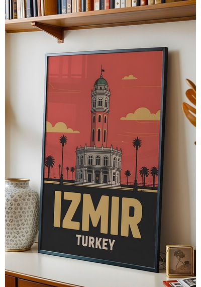 İzmir Saat Kulesi Tablo - Retro Travel Poster - Şehir Serisi Duvar Dekoru - Çerçeveli Poster Siyah