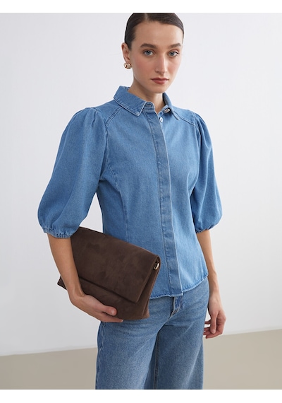 Lcw Comfort İndigo Balon Kollu Kadın Jean Gömlek