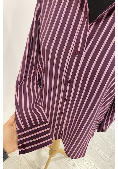 Pera Moda Oversize Çizgili Modal Gömlek Bordo