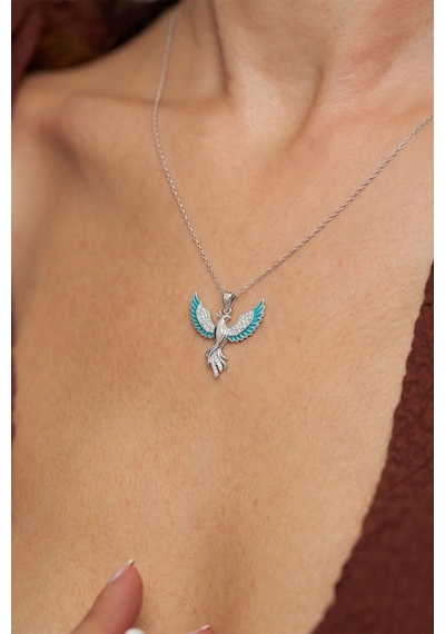 925 Ayar Gümüş Zümrüdüanka Kuşu Kolye - Rodyum Kaplama Turkuaz Mineli Kadın Kolye Rzn10366 Gümüş