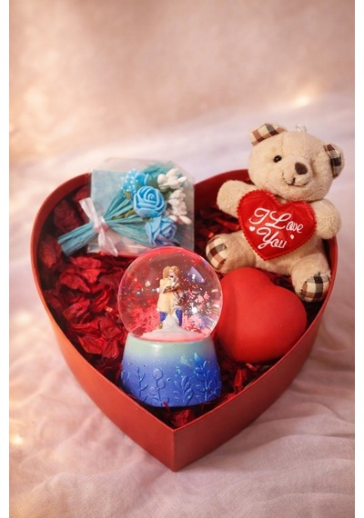 Sevgiliye Romantik Hediye Kutusu Işıklı Kalp Mavi Kar Küresi Peluş Ayıcık Ve Gül Buketi Hediye Set03 Çok Renkli