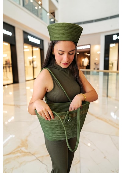 Kaan Home El Yapımı Haki Yeşil Plaj Çantası Fransız Beresi Kombin Seti Yeni Moda Stili Yeşil