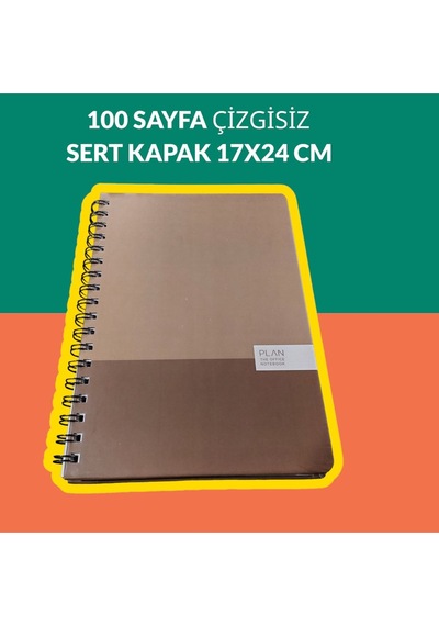 17x24 Cm Çizgisiz 100 Yaprak Plan Sert Kapak Telli Defter 60 Gr Beyaz Sayfa Yeşil