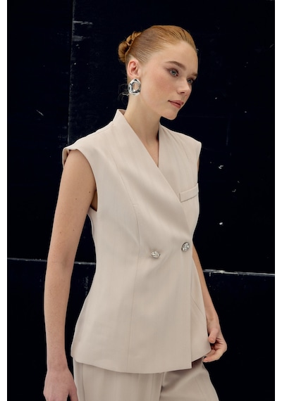Sateen Anna Çizgili Yelek - Bej-137102 Bej