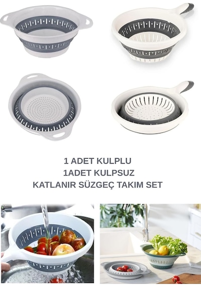 Katlanabilir Yuvarlak Süzgeç Set 2 Boy Büyük Küçük Saplı Ve Sapsız Yuvarlak Süzgeç Yer Kaplamaz Plas Diğer