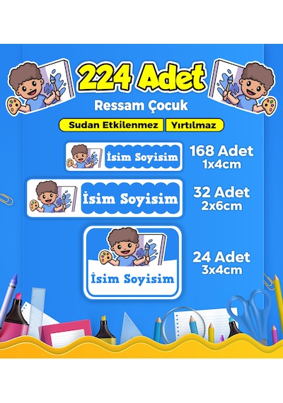 Ressam Temalı Okul Kreş Kişiye Özel İsim Etiket Seti - Model 203 Çok Renkli