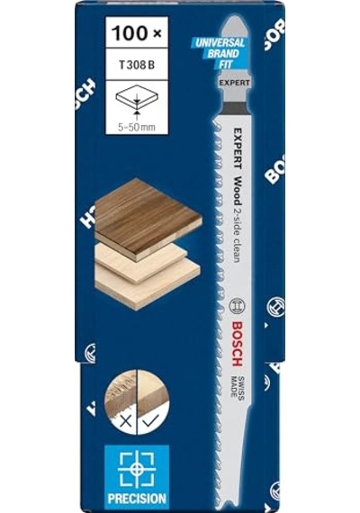 Professional 100x Expert Wood 2-side Clean' T 308 B Dekupaj Testere Bıçakları Sert Ahşap Mobilya Levhası, Kontr