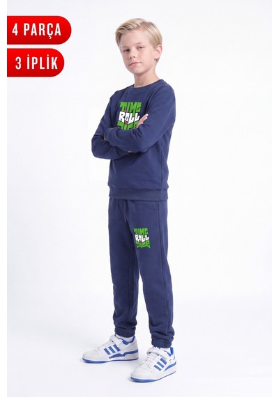 Panios Kids 3 İplik Baskılı Erkek Çocuk Çift Cepli Bisiklet Yaka Eşofman Takımı Lacivert