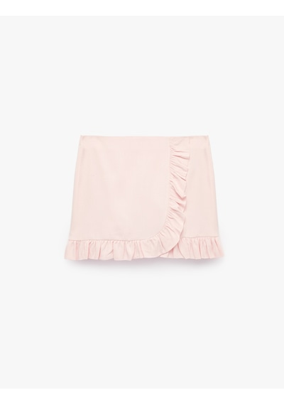Koton Keten Görünümlü Slim Fit Fırfır Detaylı Kruvaze Mini Etek Pembe 6sak70271pw Gül