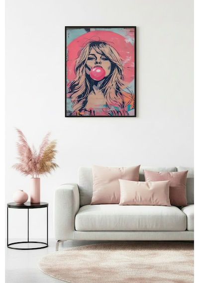 Doğal Ahşap Çerçeveli Grafik Portre Desenli Tablo - Pembe Tonlar Huhu1847