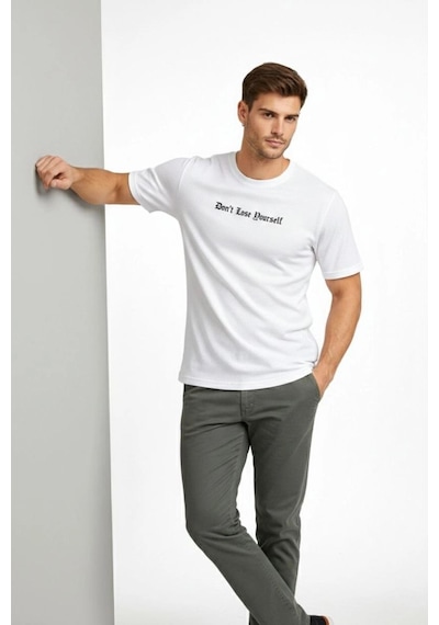 Erkek Wafıl Kumaş Tişört Regular Kalıp Bisiklet Yaka Baskılı T-shirt - Beyaz