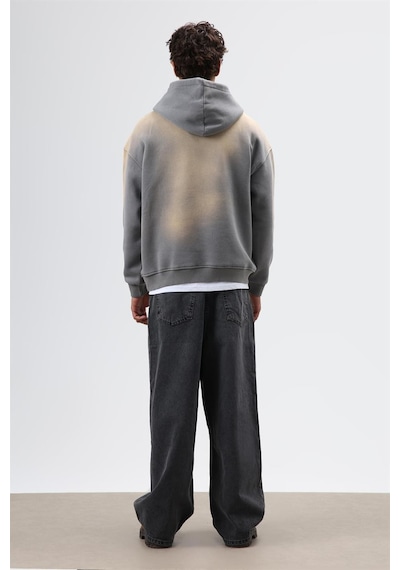 Vamos Oversize Baskılı Yıkamalı Hoodie Füme