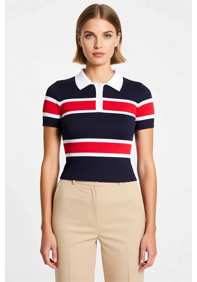 Benerly Kadın Bluz Polo Yaka Kısa Kol Triko İnce Fitilli Desenli Fitted K Ekru