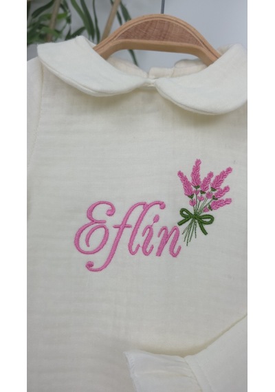 Gros Shop Müslin Yeni Doğan 4katlı Organik %100pamuk Kişiye Özgü Nakışlı Hastane Çıkış Seti Lavanta Modeli Ekru