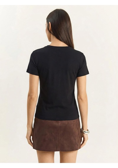 Shade Kadın Rabbit Nakışlı İşlemeli Bisiklet Yaka Basic T-shirt 7532 60283953 - Siyah