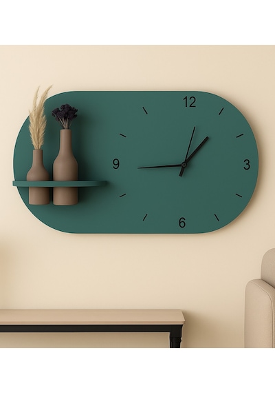 Modern Tasarım Raflı Nera Duvar Saati 75x45 Yeşil