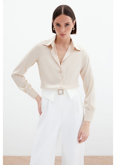 Sateen Saten Gömlek - Bej-134586 Bej