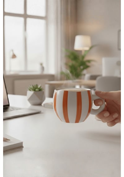 Turuncu Çizgili 400 Ml El Yapımı Seramik Çay Kahve Mug Kupası Mıt1323 Turuncu - Beyaz