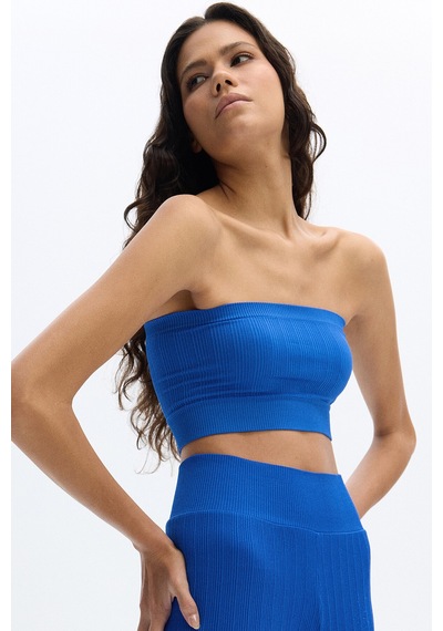 SubTone Dikişsiz Rib Dokulu Straplez Crop Top Cobalt Mavi