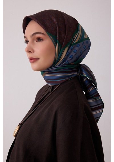 Belli Geometrik Desen %100 Twill İpek Eşarp Be23 Kahverengi-yeşil