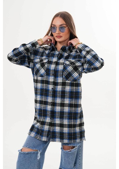 Polologin Butik Kadın Oduncu Mavi Siyah Çizgili Cepli Araboy Spor Gömlek Lacivert