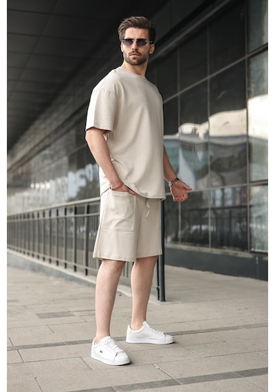 Madmext Taş Rengi Bisiklet Yaka Oversize Erkek Şort T-shirt Takım E7355 Taş Rengi