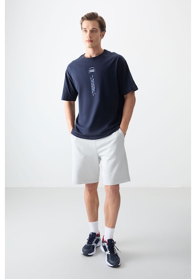 Air Jones Tommy Life Lacivert %100 Pamuk Kalın Yumuşak Dokulu Oversize Fit Baskılı Erkek T-shirt - 88355 Lacivert