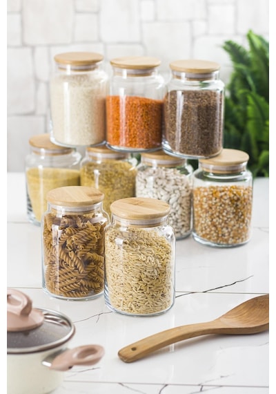 9 Lu Set Bambu Kapaklı Cam Kavanoz & Erzak Saklama Kabı 800 Ml Orta Boy Vakum Kapak Çok Renkli