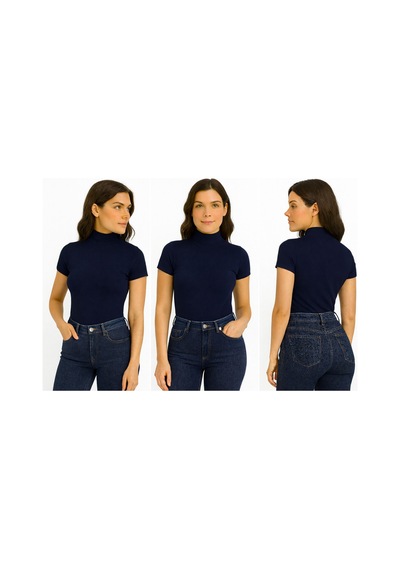 İngegno Body Yarım Balıkçı Yaka Kısa Kol Örme Kumaş Viskon Body Kadın Lacivert