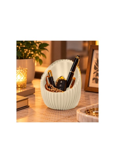 Dekoratif Oluklu Yumurta Formlu Tealight Mumluk Ve Masaüstü Düzenleyici 10x5 Cm - Krem