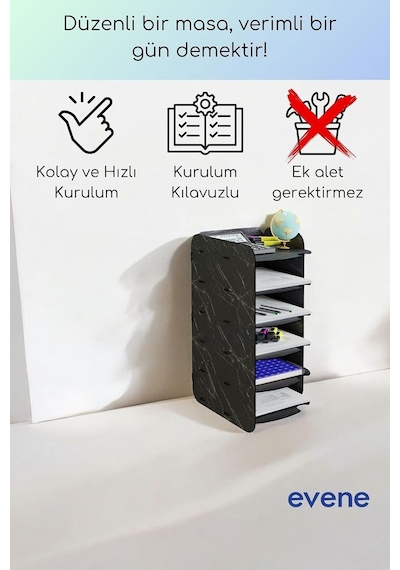 Tr Dosya Düzenleyici Masa Üstü Organizer Ahşap Evrak Rafı Siyah Mermer Renk Model 26, Eorganizer26 Genel
