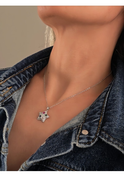 Eva Takı Store Yıldız Model Renkli Zirkon Taşlı Silver Renk Kolye Silver