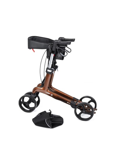 Rolatör Yürüteç Kahverengi Carbon Fiber Şase, Katlanabilir Oturaklı Sepetli Spirit X4