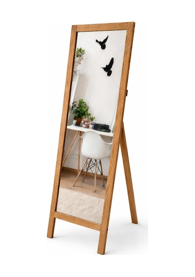 Asvera Ahşap Ayaklı Boy Aynası 145x40 Cm Flotal Devrilmez Natürel Ayna Bej