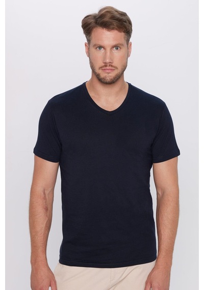 Tudors Erkek Slim Fit Dar Kesim %100 Pamuk Yumuşak Dokulu Lacivert V Yaka Tişört-32121 Lacivert