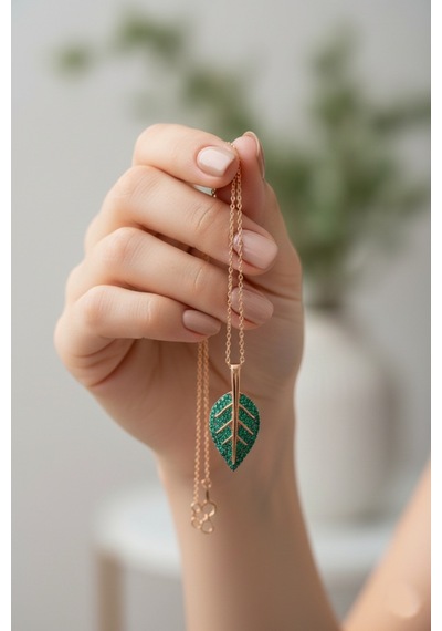 Çekirdekjewelry 925 Ayar Gümüş Yeşil Yaprak Kolye Rose