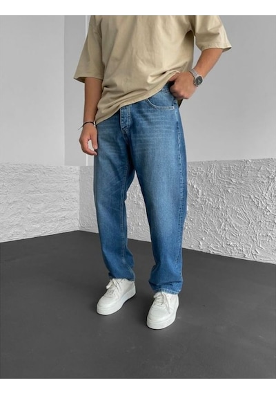 Vikingsjeans Mavi Yıkamalı Baggy Jeans Mavi