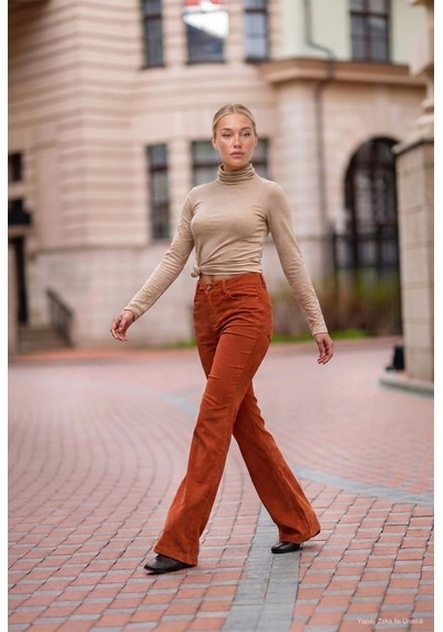 Kadın Turuncu Flare Fit Velvet Kadife Kumaş Pantolon