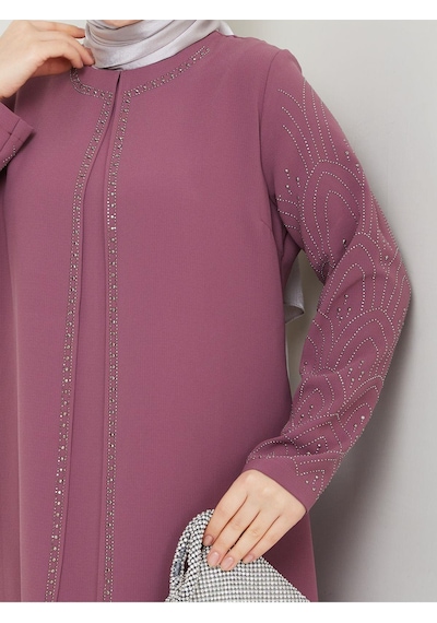Eslemnur Kolları Taşlı Büyük Beden Anne Elbisesi Pembe