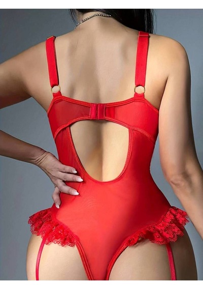 New Dreams Modern Dikkat Çekici Kırmızı Jartiyer Gecelik Kombin Set Kırmızı